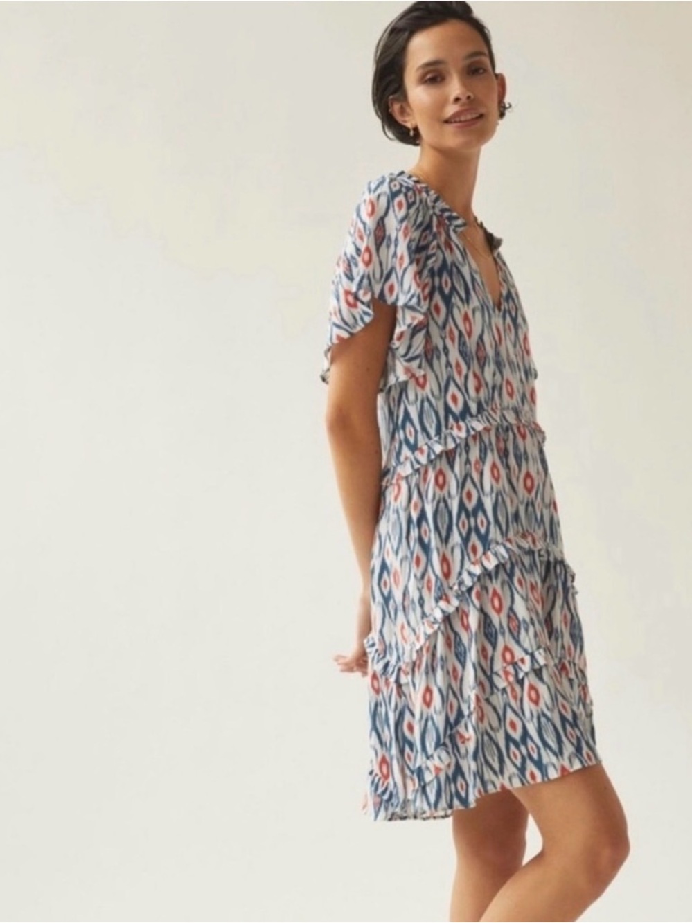 Anthropologie Blue & Red Ikat Tiered V‑Neck Mini Dress - Picture 3 of 5
